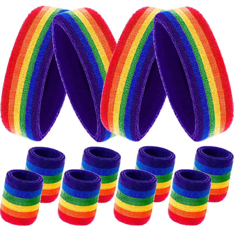 Bememo 12 Pcs Rainbow Terry Cloth Sweatbands Set for Men & Women - 4 Striped Headbands, 8 Wristbands for Sports, Gym, LGBT Pride Parades (Rainbow) - Image 1